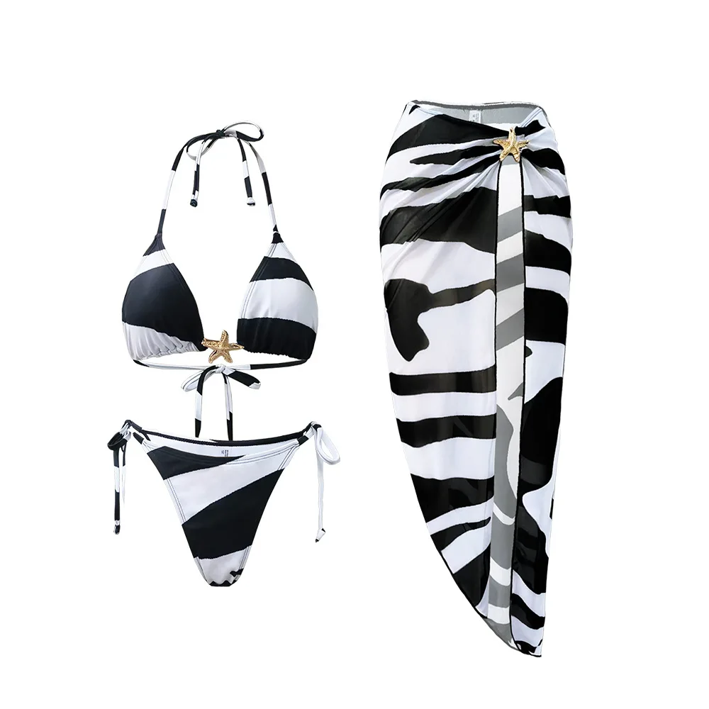 여름 휴가 2026 여성용 블랙 화이트 프린트 비키니 세트 3-포인트 투피스 섹시 수영복 우아한 여성 세트 콘준토스 페미니노스