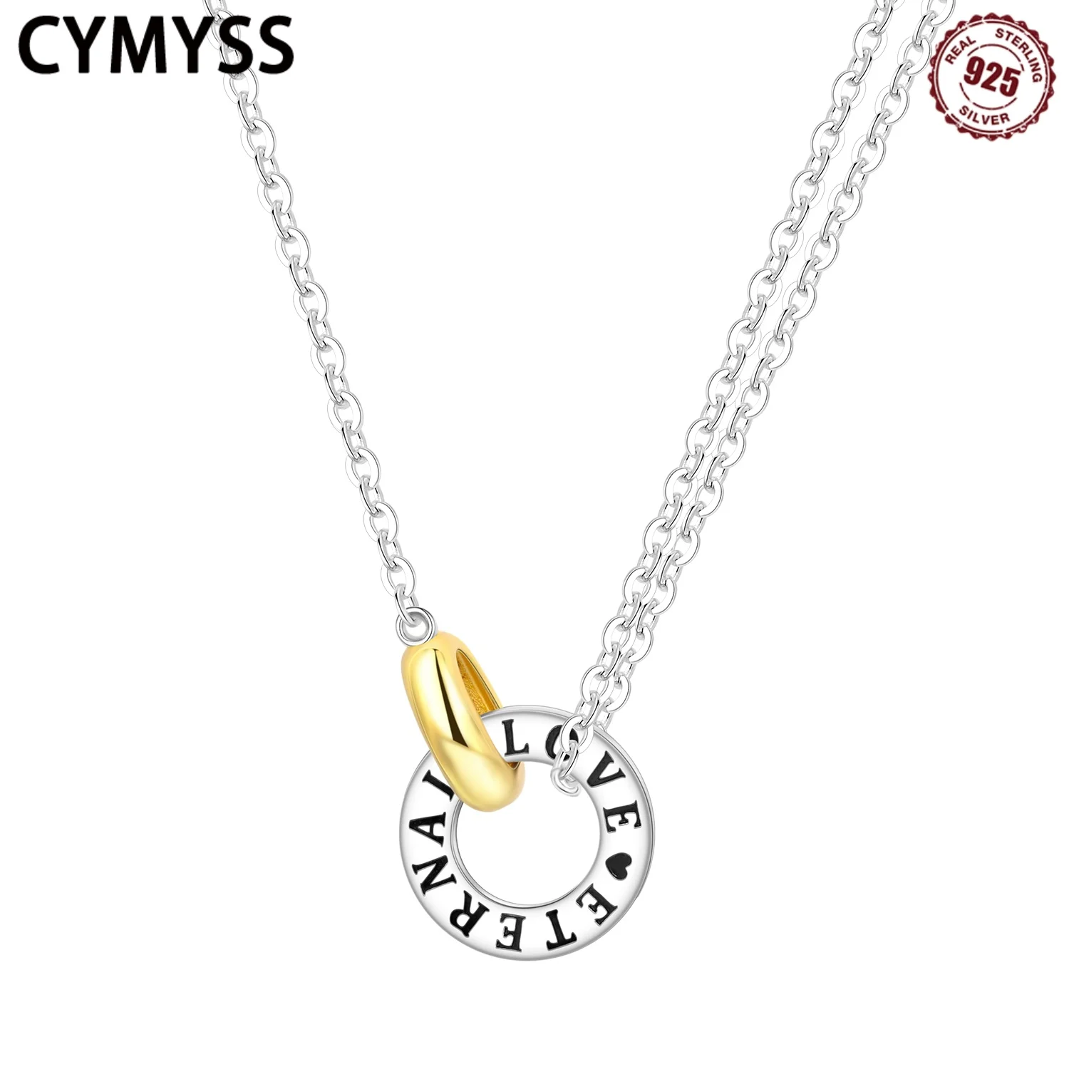 

CYMYSS S925 Sterling Silver Eternal Love Double Ring Necklace Design Jewelry Wedding Holiday Gift Women Necklace Zircon Necklace