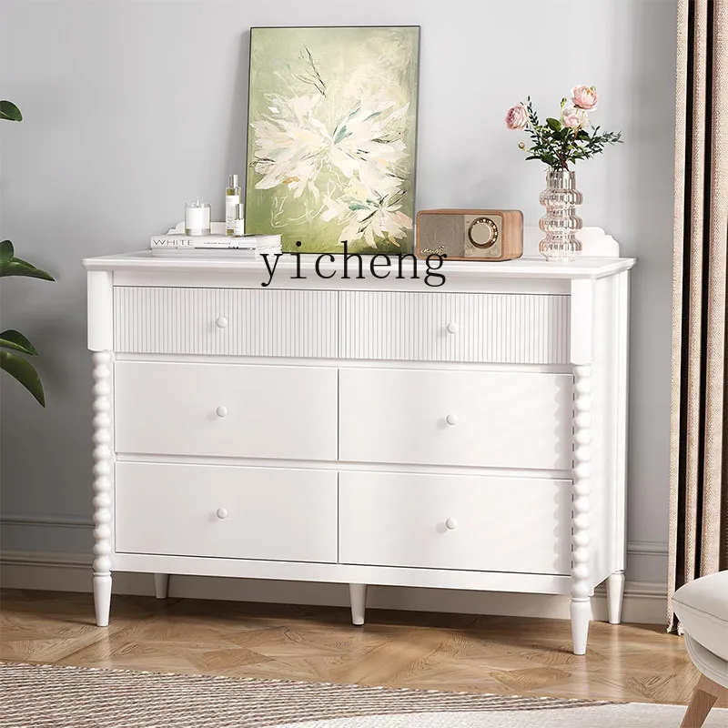 

ZK French Cream Wind Solid Wood Six Bucket Cabinet American Living Room Storage Against the Wall White Storage Cabinet