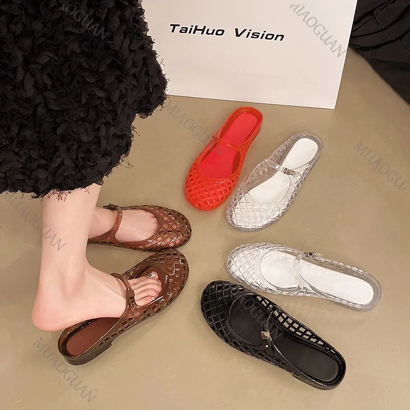 Women Jelly Flat Slippers Summer Fashion Mesh Breathable Sandals Hollow Designer Shoe Casual Beach Walking Baotou Slide Footwear view 2
