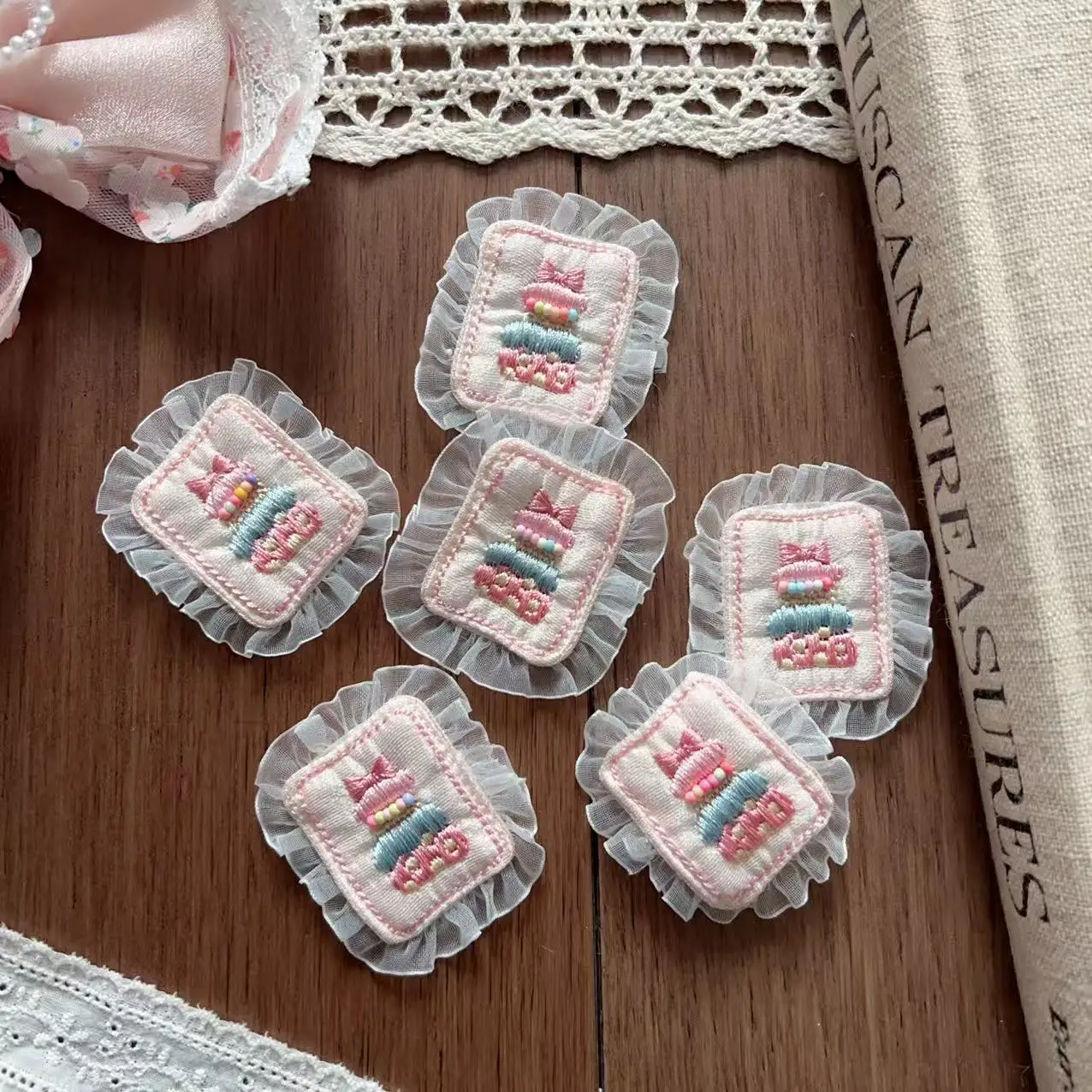 Embroidered Beaded Pink Cake Lace Fabric Patch Hair Clip Cute Spring Adhesive Decoration for Shoes Socks Clothing Trim