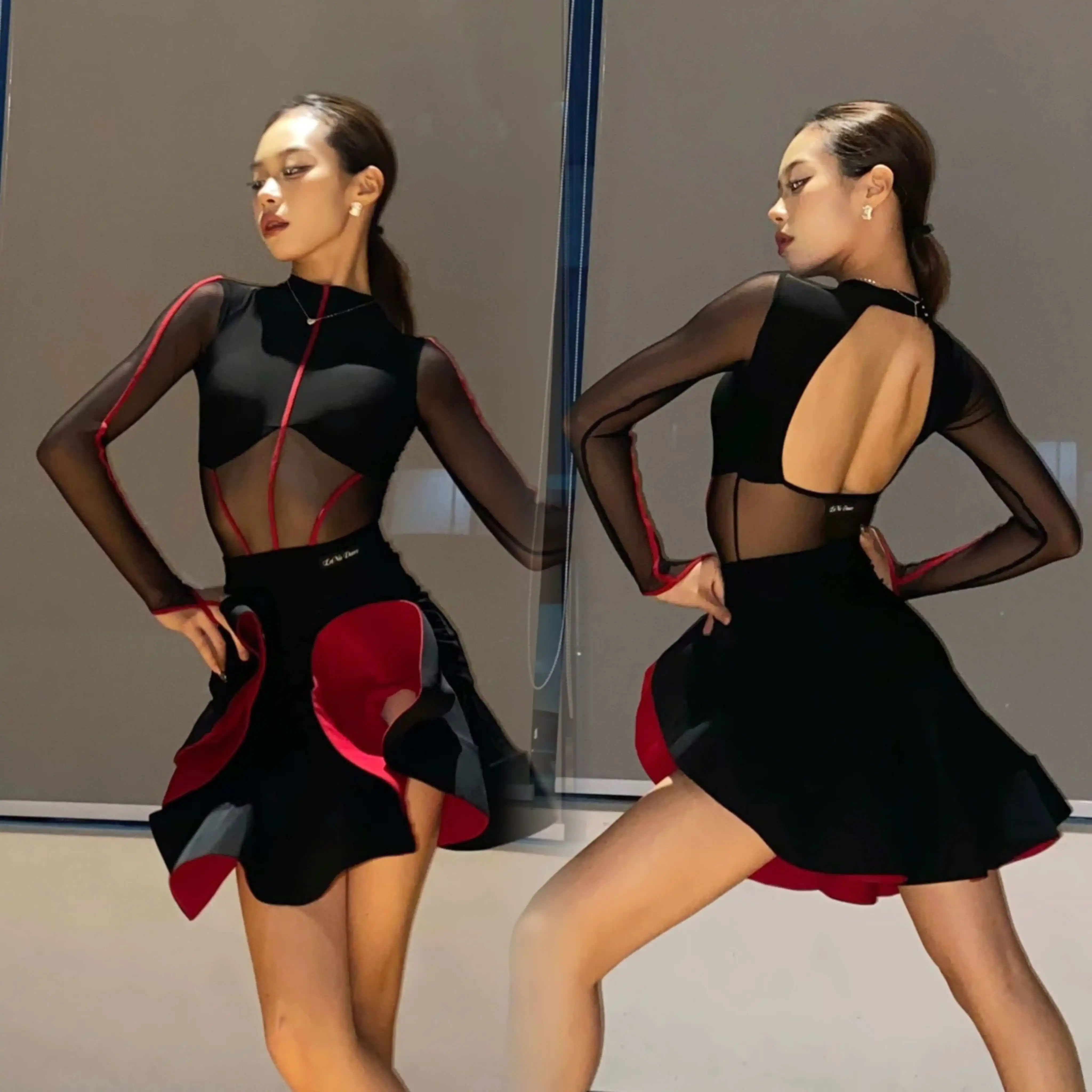 

Women Practice Competition Dress Black Mesh Tops Fishbone Skirt Cha Cha Rumba Samba Dance Clohthes Sexy Latin Dance Dress
