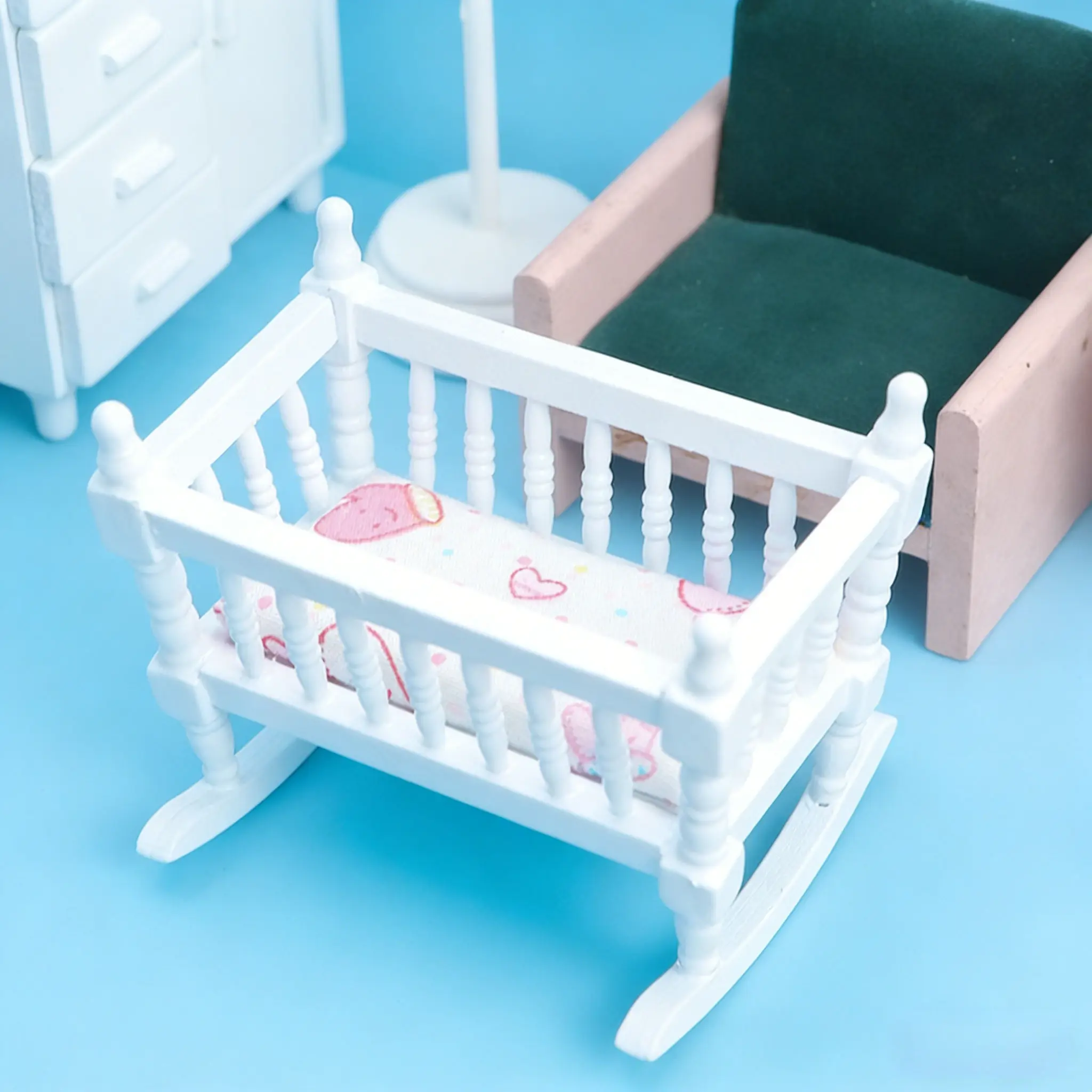 1:12 인형집 미니어처 화이트 우드 아기 요람 - 현실적인 흔들 요람, 인형집용 미니어처 가구 모델