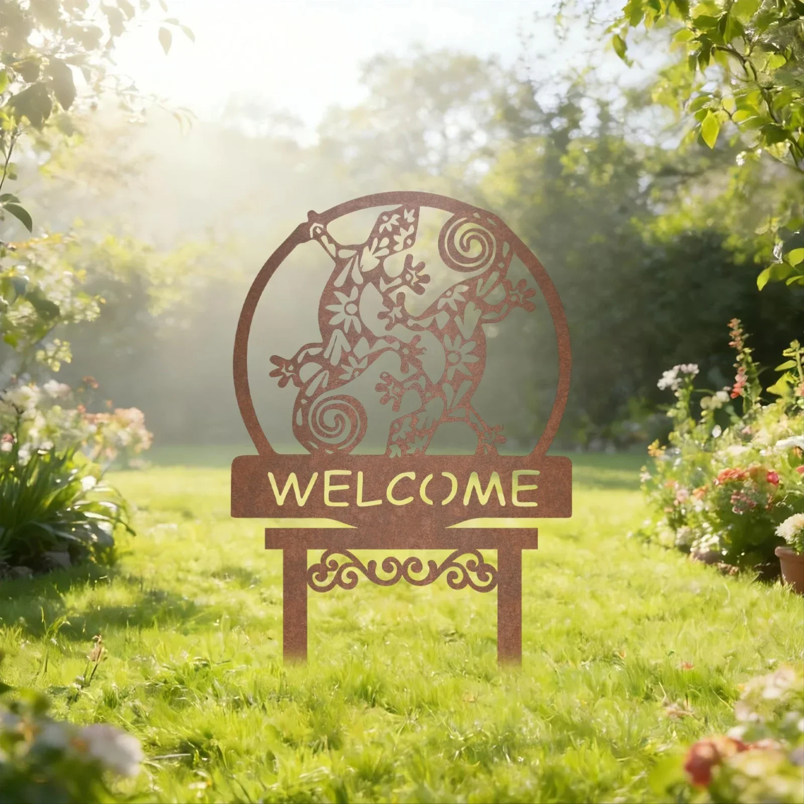 [2D Flat] Vintage Rust Gecko WELCOME Metal Garden Stake Ground Spike Farm Lawn Patio Metal Ornaments Yard Outdoor Decor