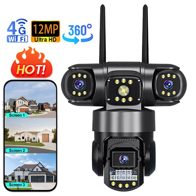 

IP-камера V380, Wi-Fi, уличная камера 12 МП, 6K, три объектива, три экрана, 4G, сетевая камера видеонаблюдения ночного видения