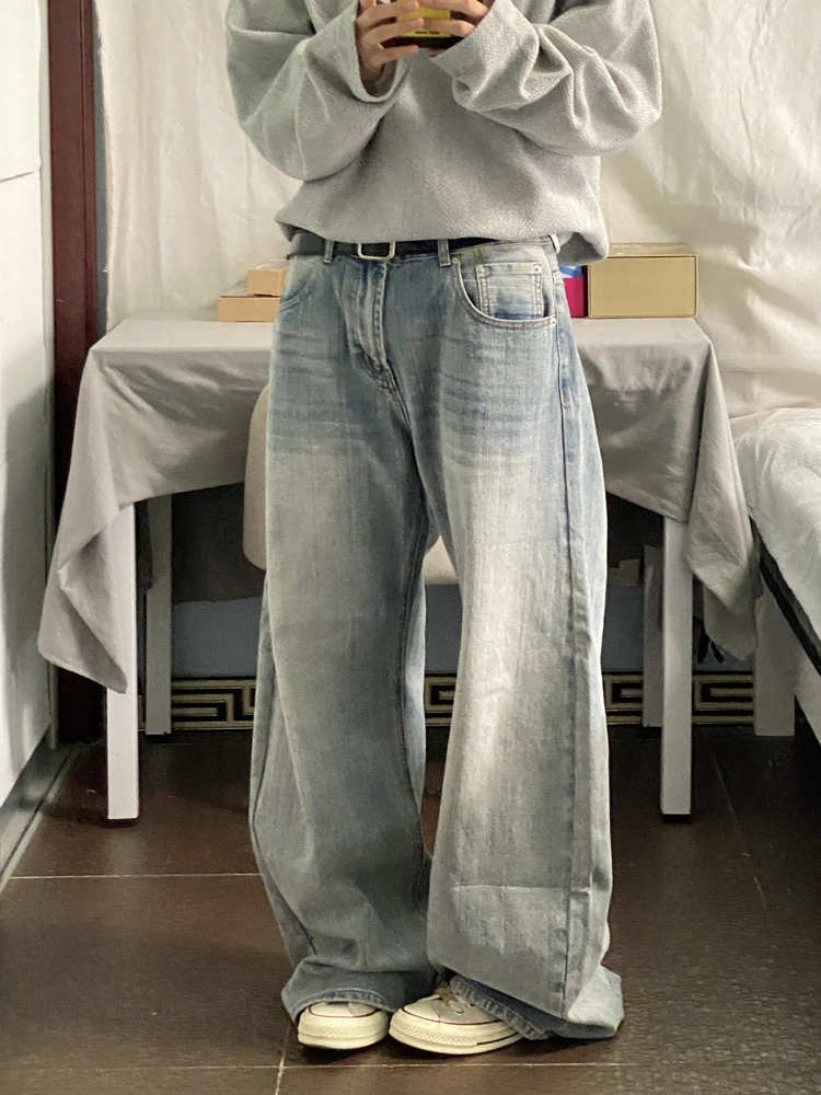 

Retro Vintage Distred Wide Leg Jeans Loose Fit Men's Women's Long Trousers Trendy Brand Straight Leg mid Waist Jeans