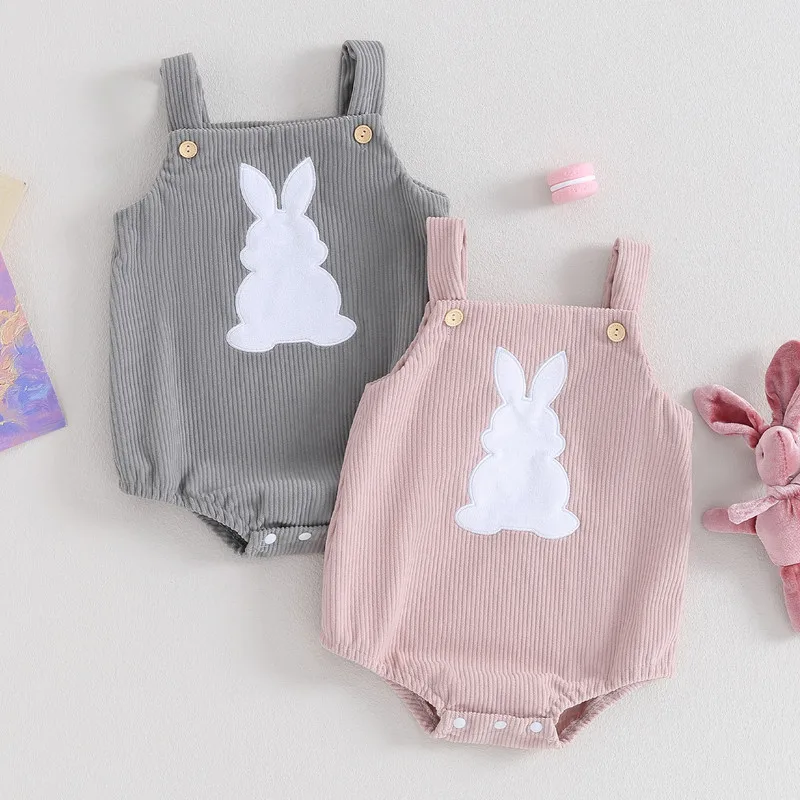 Infant Baby Girl Easter Corduroy Romper Square Neck Button Down Rabbit Patch Appliques Tank Top Jumpsuit Toddler Overalls