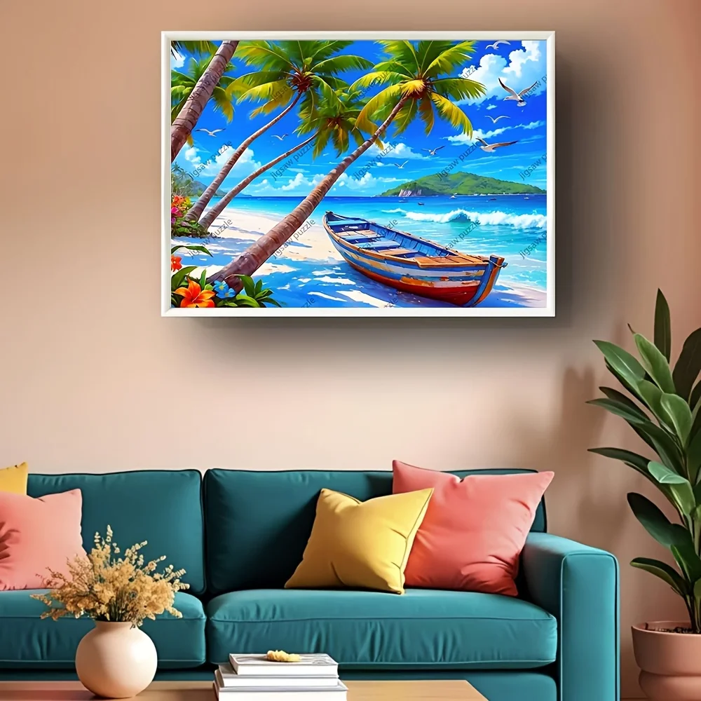 2000/1500/1000/500 قطعة أحجية الصور المقطوعة الخشبية للشاطئ الاستوائي للبالغين - أشجار النخيل النابضة بالحياة والقارب ومشهد المحيط، خشب ممتاز