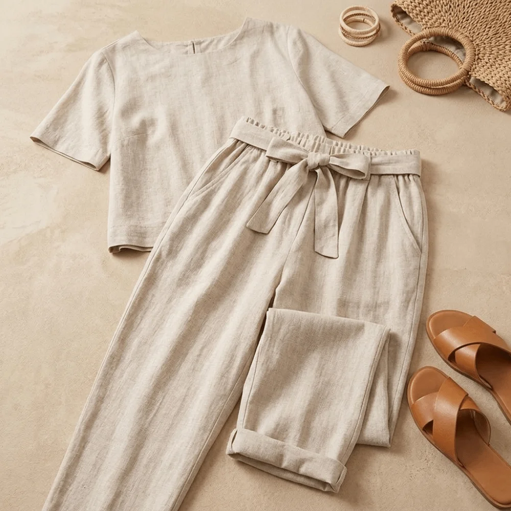 

Half-sleeved Women's Cotton Linen Suit Elastic Waist Round Neck Two-piece Set Pullover Comfortable Summer Matching Suit