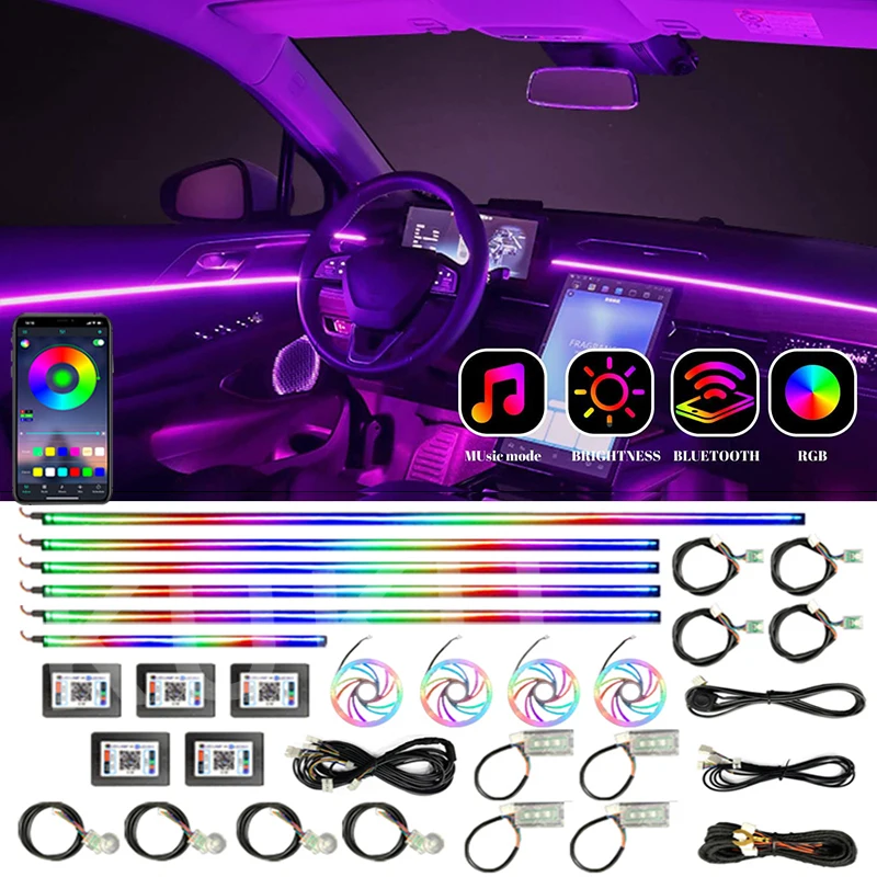 Ambient Light 64 Colors Car Acrylic Strips 18 In 1 110cm 90cm 75cm 35cm 20cm Full Colors RGB Car Interior Bluetooth App Control