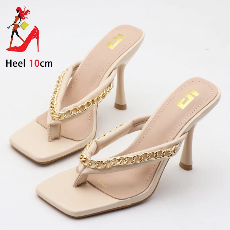 Ladies Square Toe Summer Shoes 10CM Outdoor High-heeled Sandals For Woman Chain Style Casual Clip Toe Slippers Black Flip Flops