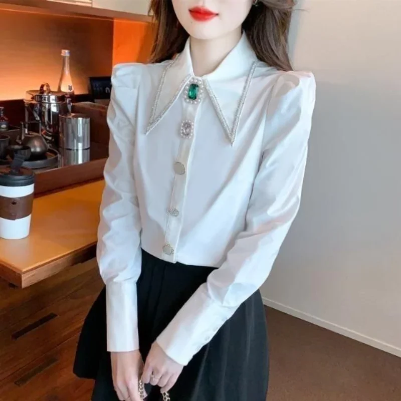 Women New Polo Collar Shirt Fashion and Elegant Studded with Diamonds Solid Buttons Casual and Versatile Long Sleeve Tops E672