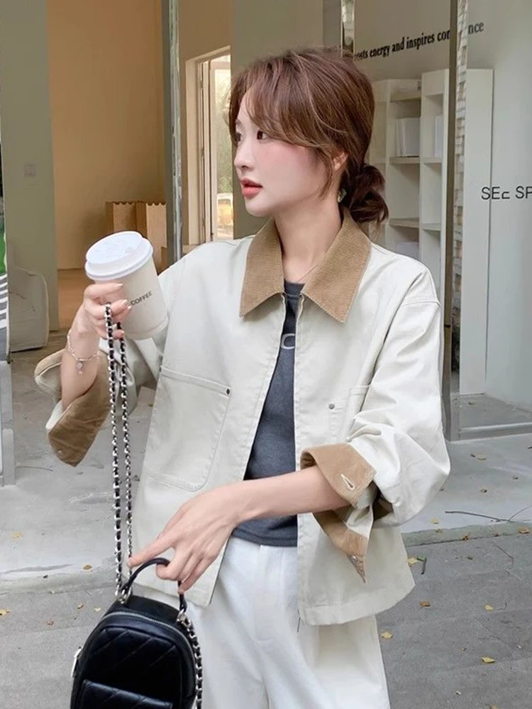 Preppy Style Women Cargo Jacket Fall Loose Vintage Casual American Short Coat Female Retro Zipper Long Sleeve Tops Outwear New