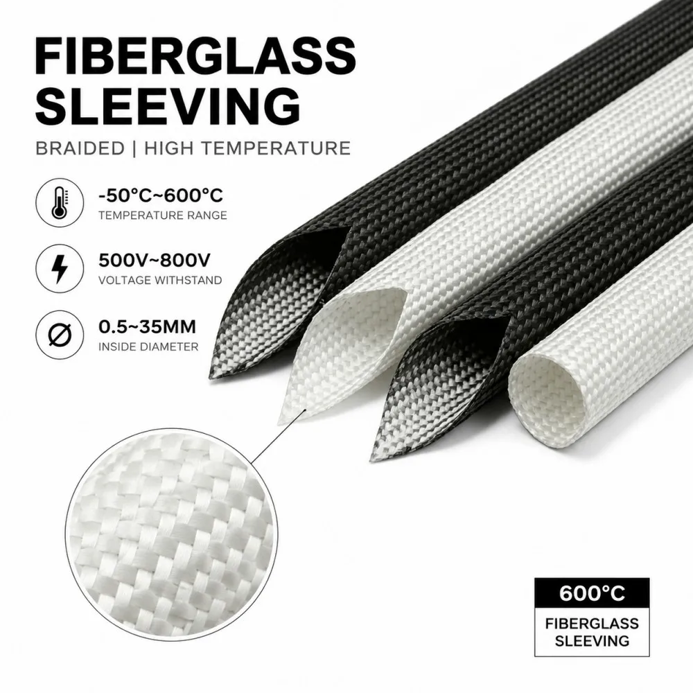 Black/White Braided Fiberglass Sleeve ID 0.5-35mm 600 Deg High Temp Insulation Heat Resistant Cable Wire Protection Sleeve