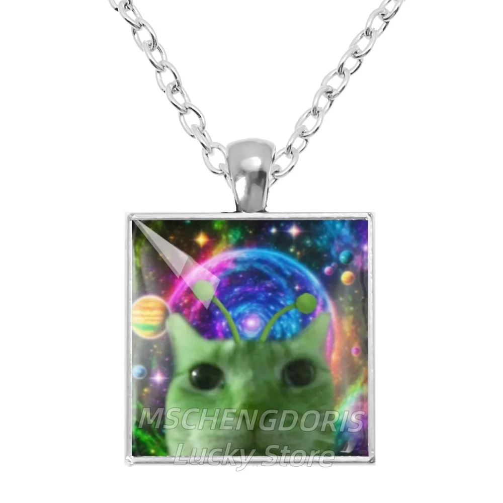 Rainbow Alien Cat Necklace Funny Meme Art Photo Glass Cabochon Square Pendant Necklaces Jewelry Gift MS044