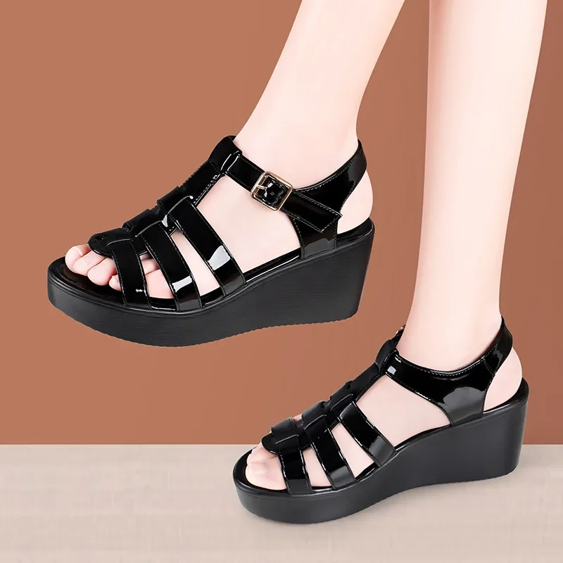 

6CM Narrow Band Women's Sandals Summer 2025 New Platform Rome Wedges Heel Women Shoes Offers Dress Peep Toe Shoes Woman Balck