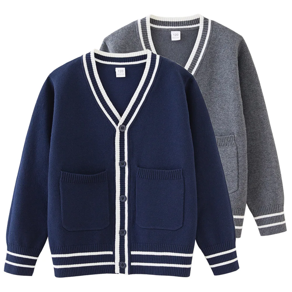 Children's School Uniform V-Neck Sweater 2026 Spring/Autumn Kids Casual Knitted Stripe Cardigan Coat For Boys Girls Age 1-14 T