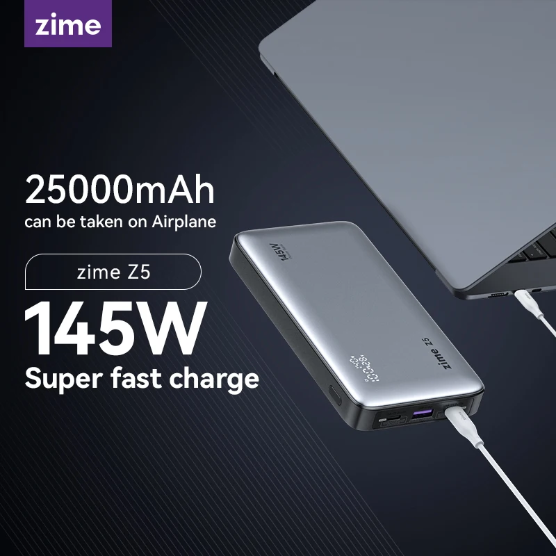 Batería Externa zime Z5 de 25000mAh y 145W con Carga Rápida de 100W y Pantalla Digital QC3.0/PD3.0 para Macbook/iPhone/Samsung/Tablet