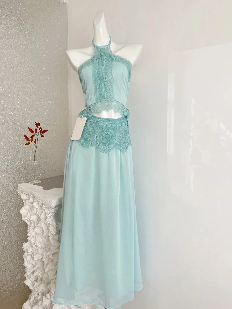 

Lace Hollow out Two-Piece Dr Women's Hanging Ne Tube Top High Waist Ruffle f Skirt Set Summer Faion Ensemble