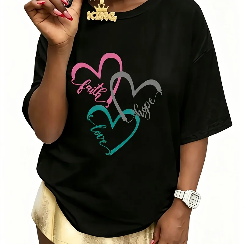 Faith Hope Love Women's 100% Cotton T-Shirt Fun Print Short Sleeve Top Casual Round Neck Tee S-5Xl