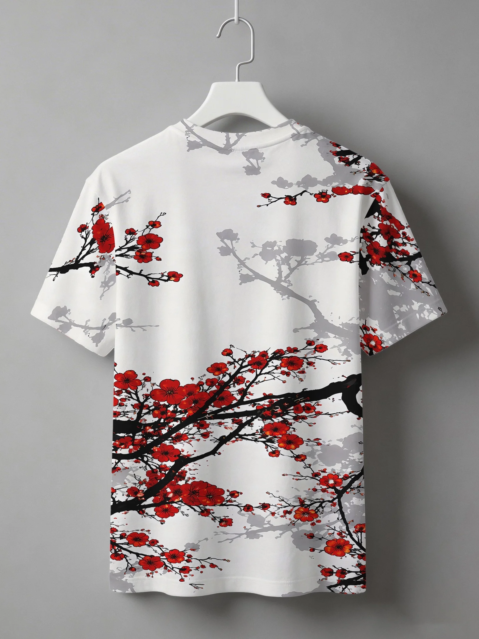 Men Short Sleeve T‑Shirt Red Plum Blossom Branch Print Crew Neck Oriental Casual Daily Street Tops
