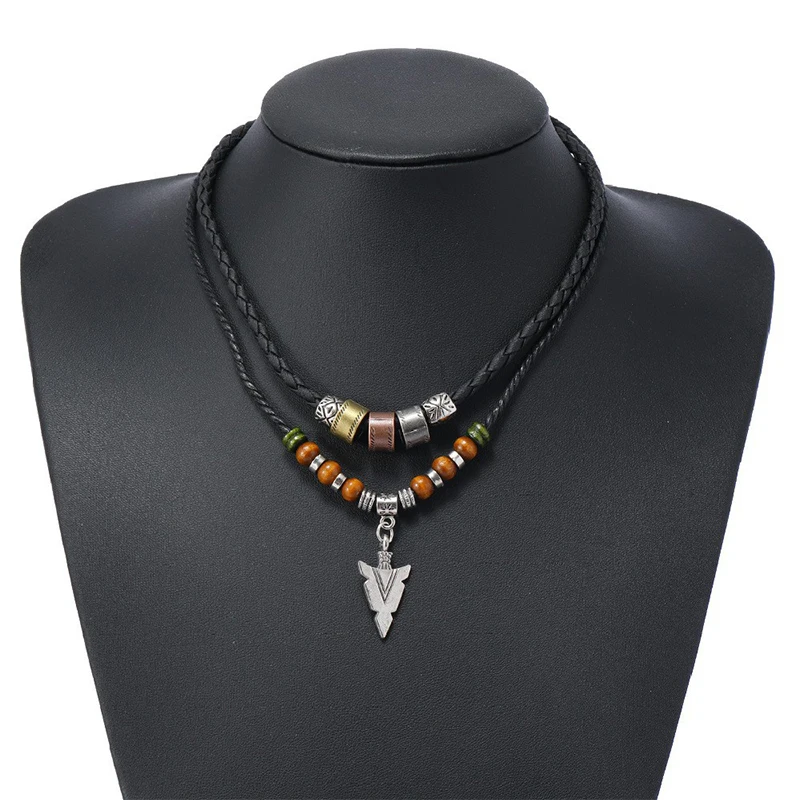 Stacked Artificial Leather Rope Beaded Necklace Men Vintage Layered Tribal Arrow Pendant Necklace For Men Jewelry Collar Chain
