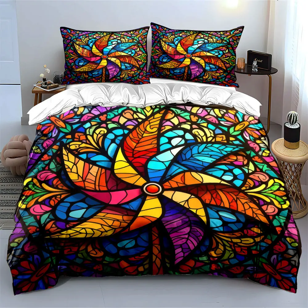 Colorful Stained Glass Decorative Set Soft Skin-Friendly Bedding Set Includes 1 Duvet Cover And 2 Pillowcase, Gift