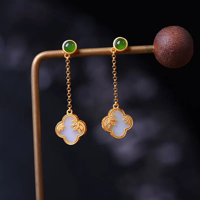 Natural Hetian white jade long plant Earrings Chinese style retro unique ancient gold craft charm women's silver jewelry