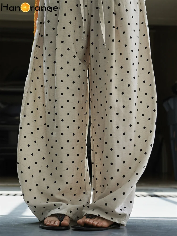 HanOrange 2025 ฤดูร้อน Retro ขี้เกียจผ้าลินิน Polka Dot กางเกงขากว้างผู้หญิงสูงเอวแขวนความรู้สึกกางเกงสีดํา/สีกากี