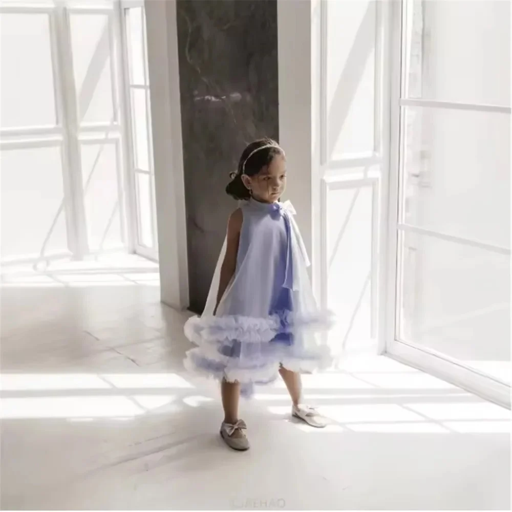 

Elegant Flower Girl Dresses For Wedding Sleeveless Halter Layered Bow Gentle Kids Birthday Party First Communion Gown Custom
