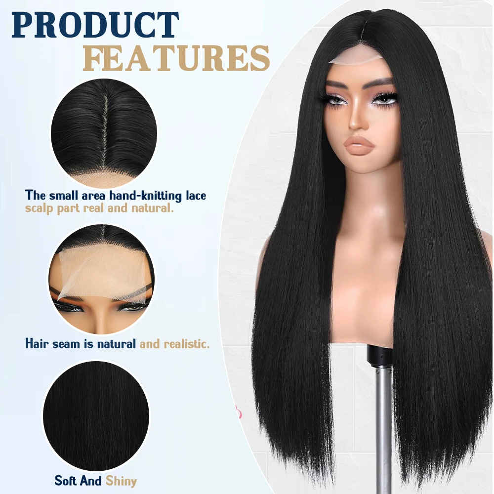 28인치 긴 스트레이트 블랙 가발 (흑인 여성용) 통기성 레이스 헤어라인 합성 스트레이트 가발 (일상용 또는 할로윈용)