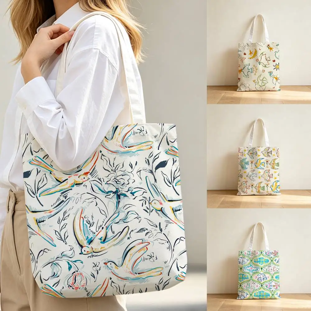 Artistic Pigeon Canvas Tote Bag Waterproof Lining Large Capacity Reusable Shopping Bags Casual Student Daily Handbag