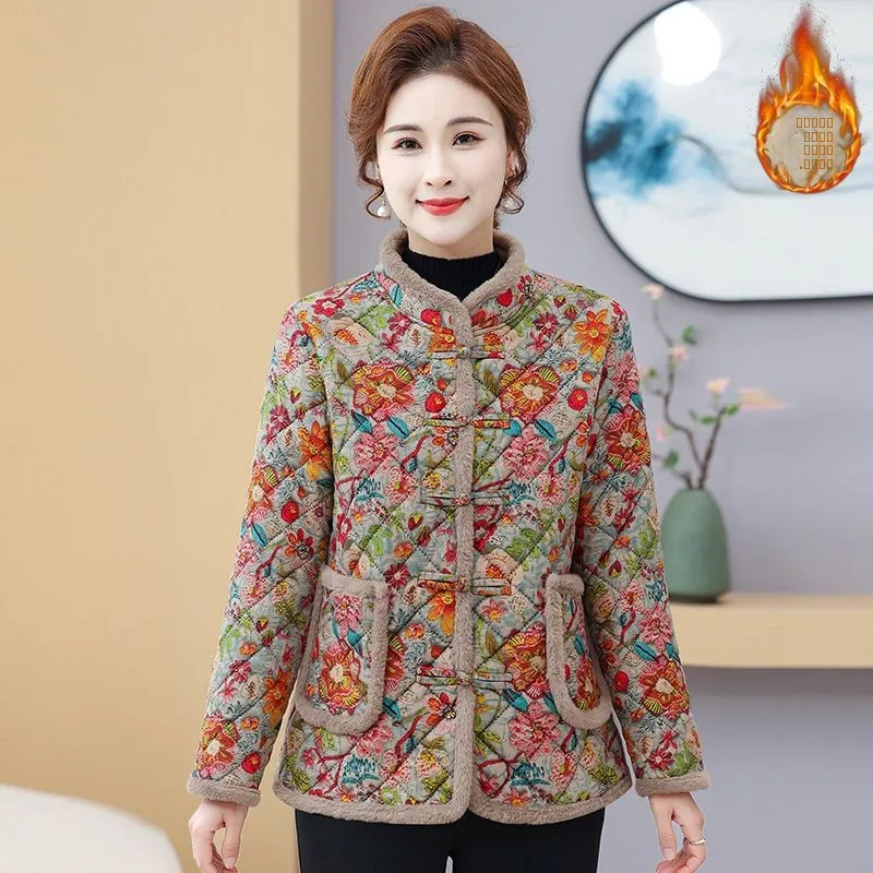 

New Winter Thiened Floral Print Cotton Jaet for Mom Warm Fce Lined Button up Coat Traditional Chinese Sle Long Sve