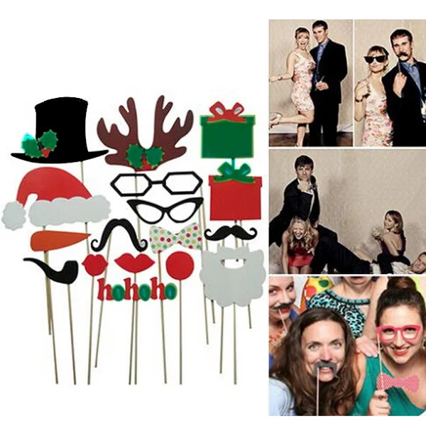 A Set of 17pcs DIY Funny Glasses Moustache Red Lips Deer Horn Santa Hat On Sticks Christmas Wedding Party Photo Booth Props