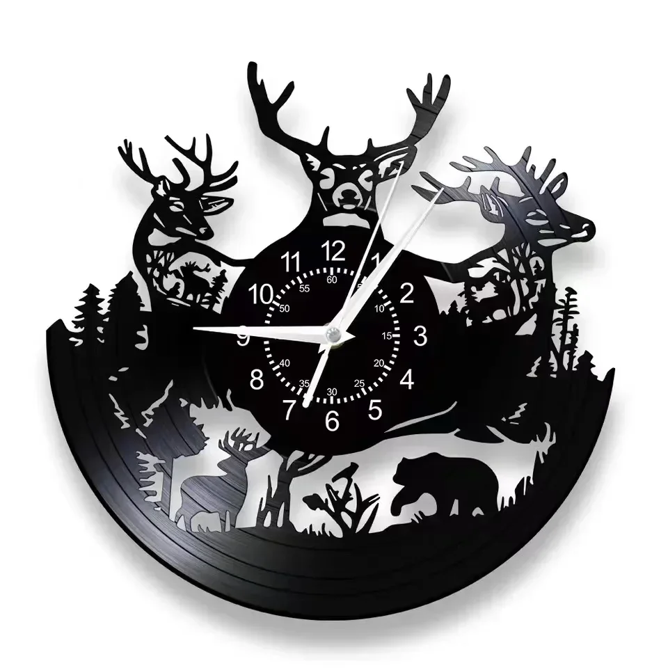 Wild Deer Hunter Cave Home Decoration Wall Clock Deer Antlers Forest Deer Retro Buck Vinyl Record Wall Clock Hunting Gift