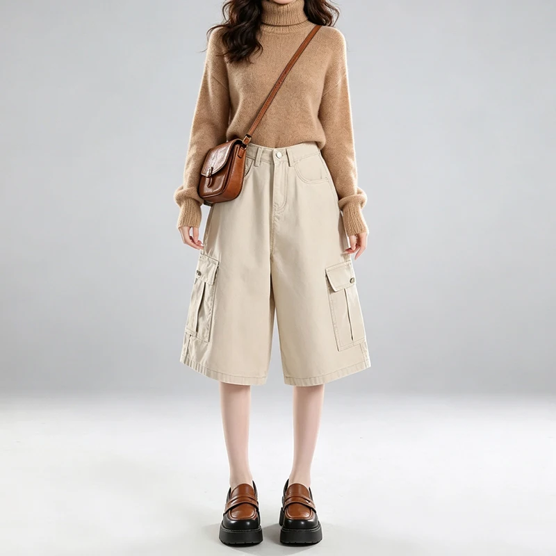 Women's Autumn Light Apricot High Waist Multi-Pocket Cargo Wide Leg Cropped Pants, Slim Casual Commuter Trousers