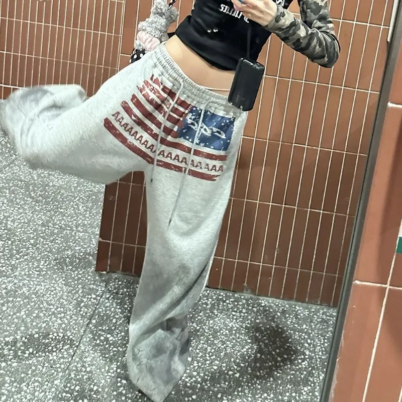 

American High Street Gothic Print Drawstring Wide Leg Sweatpants for Women Retro Cotton Hip-hop Loose Versatile Sports Trousers