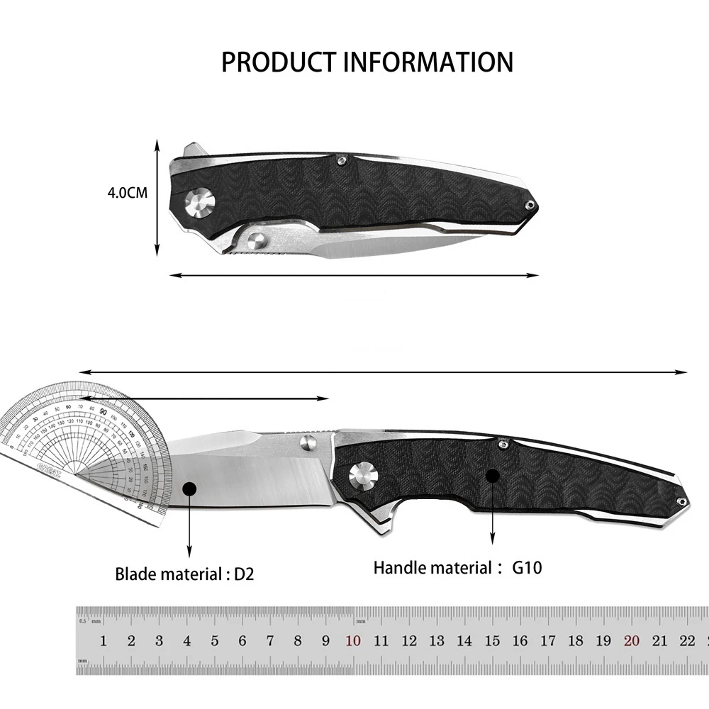 Outdoor Pocket Bearing D2 Steel Blade Flipper Folding Knife Black G10 Handles Tactical Survival Knives Camping Hunting EDC Tool