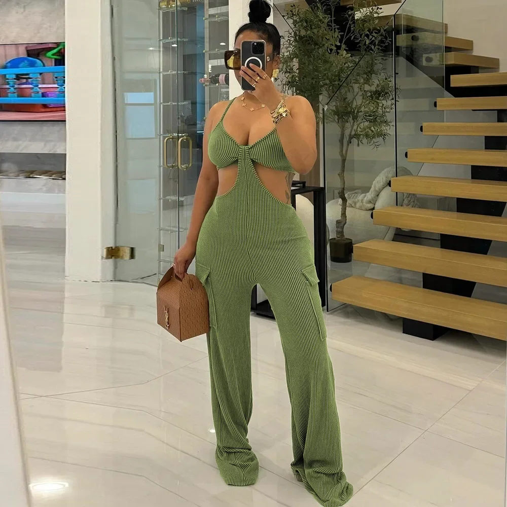 Sexy Hollow Strap Jumpsuit for Women Streetwear INS Style 2024 Autumn Winter New Soild Pocket Romper One Piece Outfit