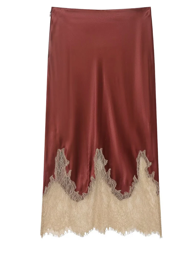 여성 랩 스커트 2025 여성 가을 패션 솔리드 컬러 새틴 레이스 스플라이스 하이 웨이스트 스커트 여성 우아한 파티 스커트