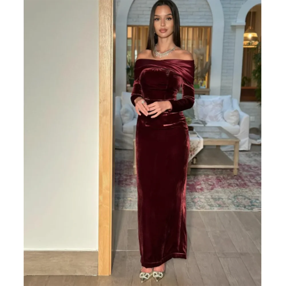 Pretty Winter Burgundy Women Prom Dresses Off the Shoulder Full Sleeves Floor Length Straight Slim Fit Evening Party Gowns