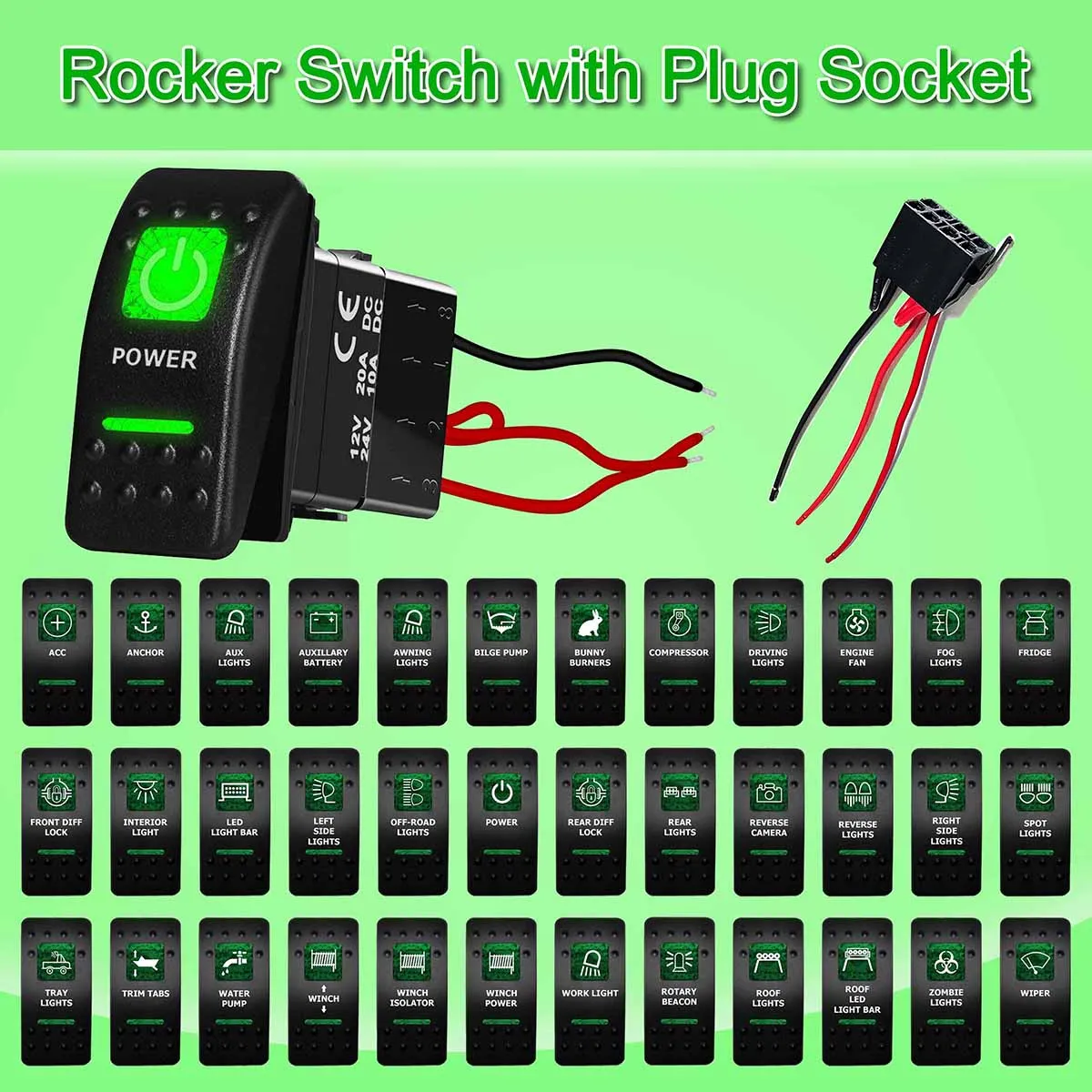 

Green Led Rocker Switch with Plug Connect Box Socket Power Toggle Switch for Carling Car RV Narva Marine Dash Panel Boat