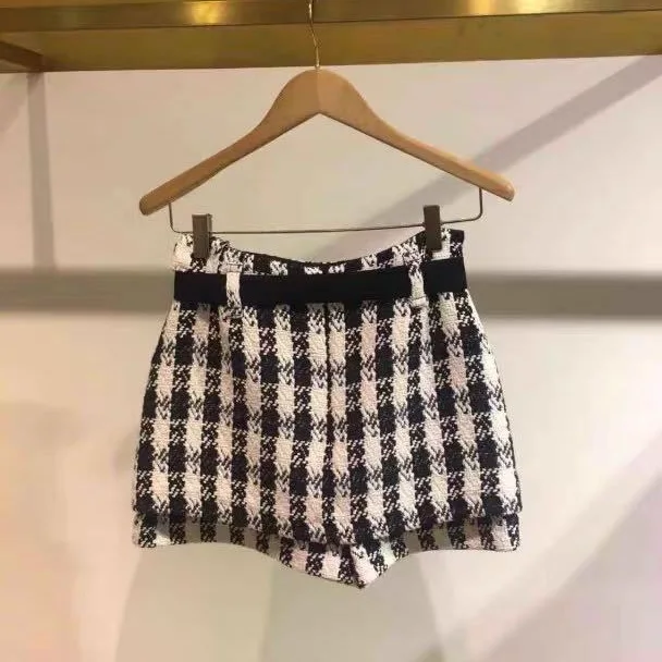 ​ ​ チェック柄ツイードショーツ女性ハイウエスト巾着ウエストエレガントフェミニンモダンクラシック市松模様 ​ ​