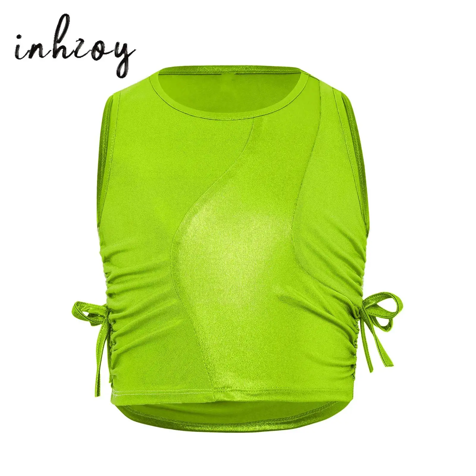 

Kids Girls Metallic Mini Dots Tank Jazz Dance Crop Top Color Block Sleeveless Bowknot Ruched Vest Stage Performance Streetwear