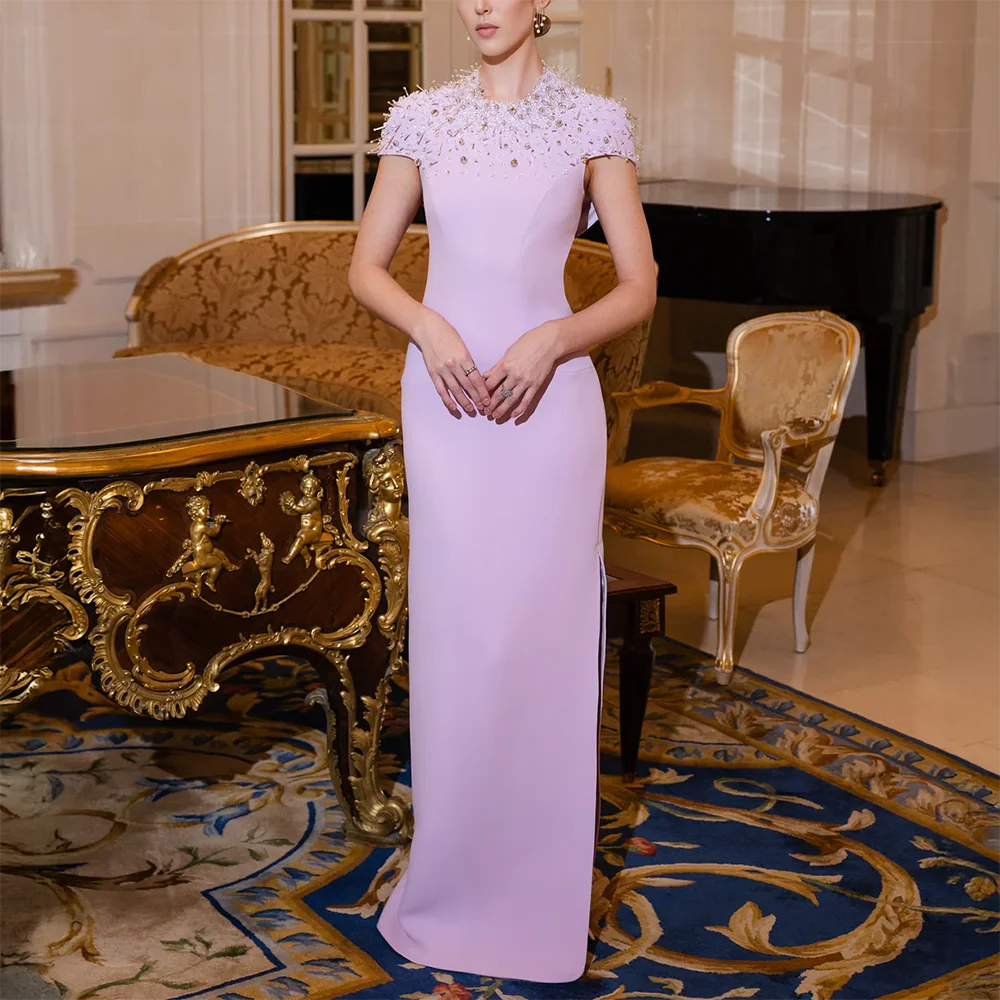 

Роскошные вечерние платья с круглым вырезом и короткими рукавами по индивидуальному заказу, платья для выпускного вечера с кристаллами и жемчугом, прямое платье для выпускного вечера длиной до пола 2026