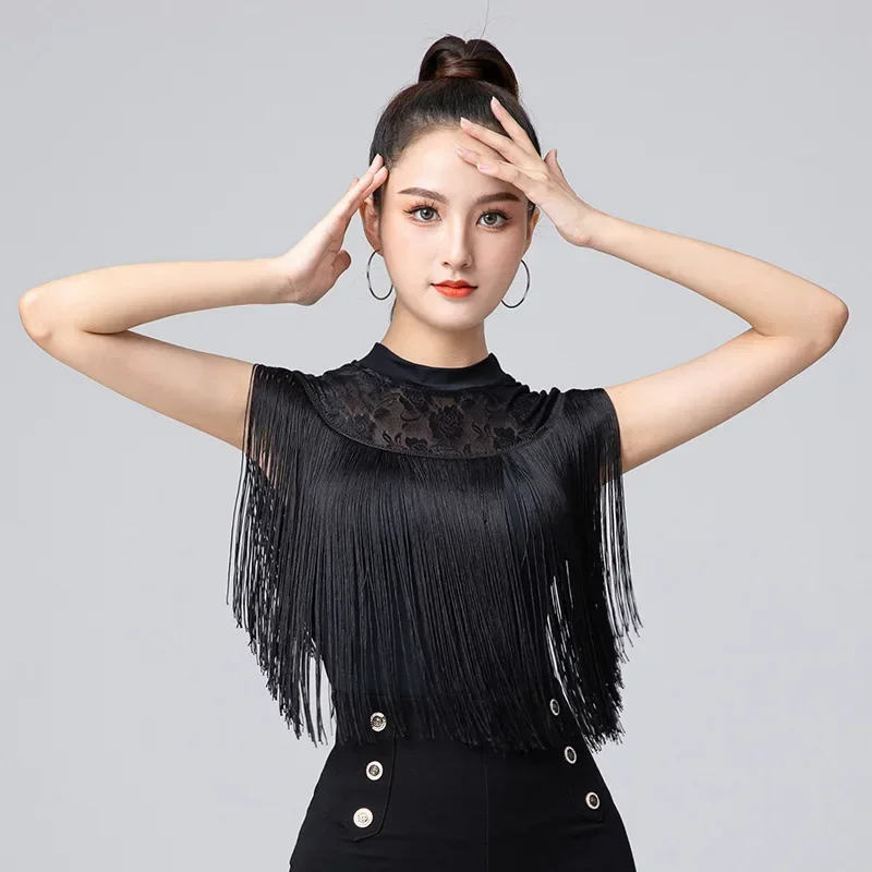 

Fashion Sexy Lace Neck Fringe Design Women Latin Dance Tops Tassel Latin Dancing Dress Cloth Tango Chacha Dancing Performamnce