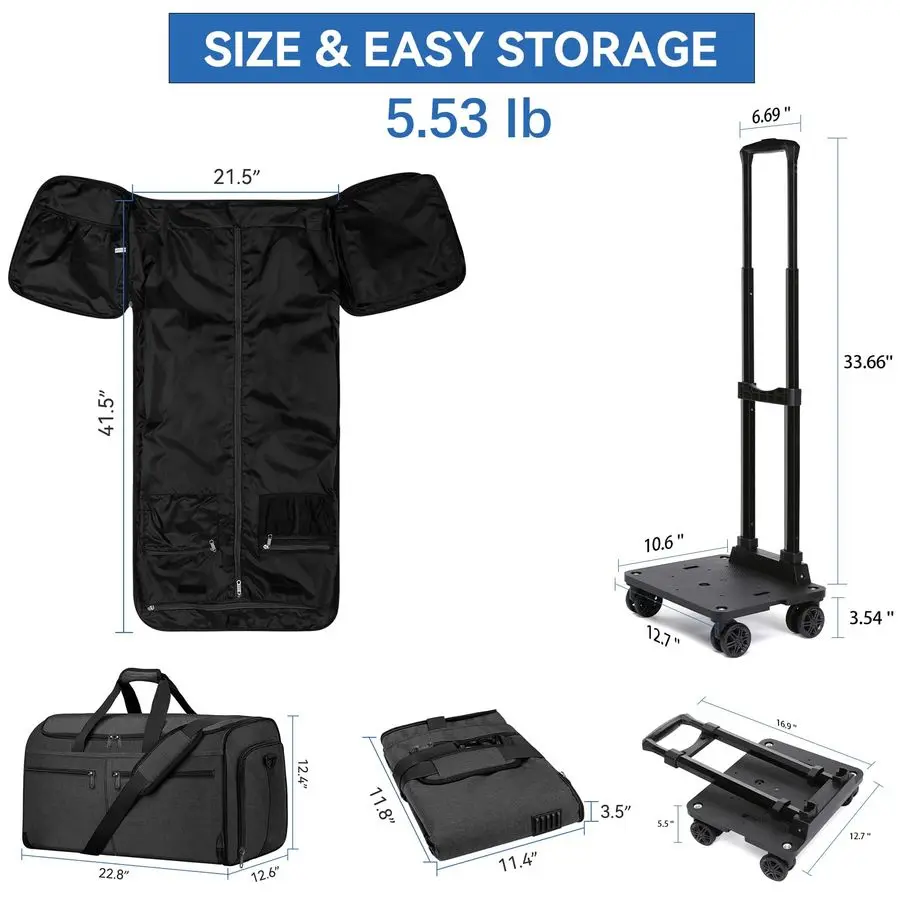 ホイール付きガーメントバッグ、靴収納付きローリングトラベルガーメントダッフルバッグ、男性用コンバーチブル3 in 1スーツドレスバッグ