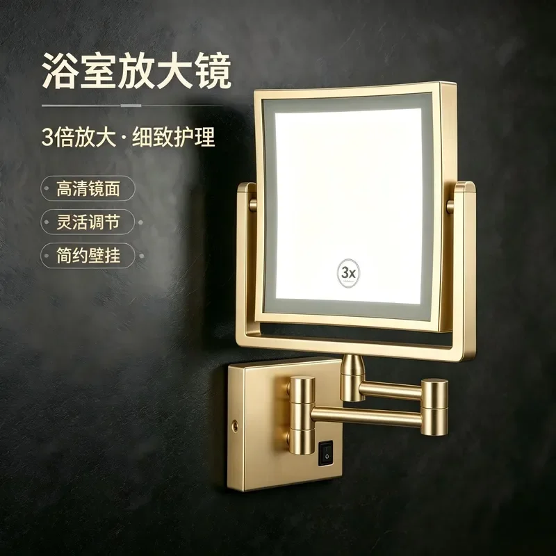 LED Wall Mounted Makeup Mirror with 3X Magnification Folding Telescopic Arm Square Vanity Mirror for Bathroom High Definition