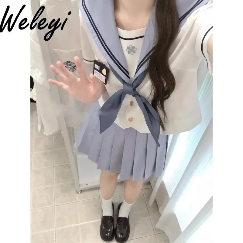 日本のニーズネイビーブルーのステッチユニフォーム、デンタルズプレッピースタイル、セーラー制服、半袖シャツ、jkスーツ