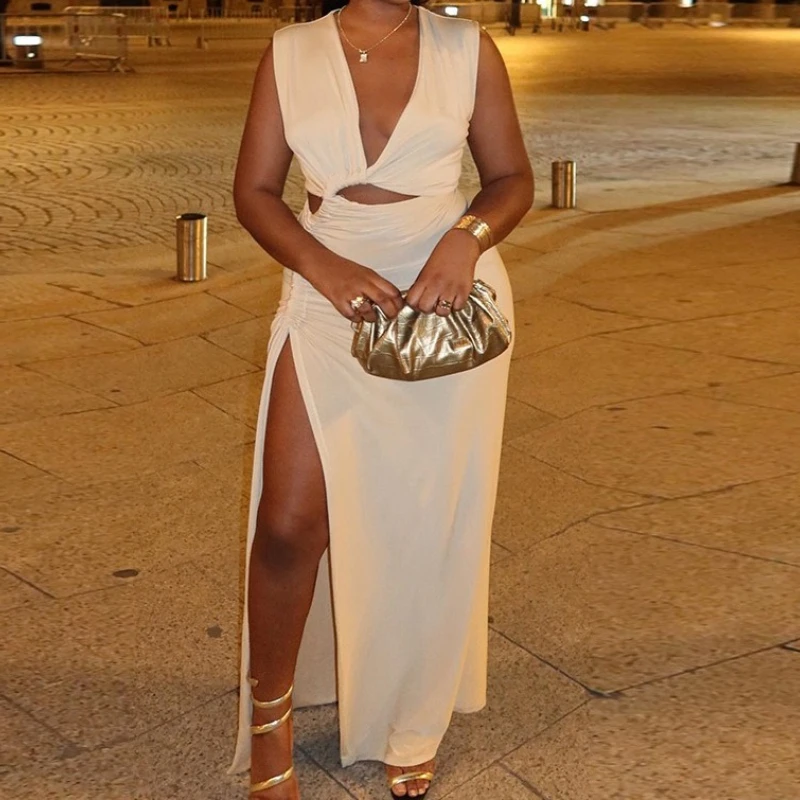 Vestidos de moda para mulheres sexy profundo decote em v sem mangas assimétrico fenda midi saia feminina cintura recorte elegante vestido ruched 2025